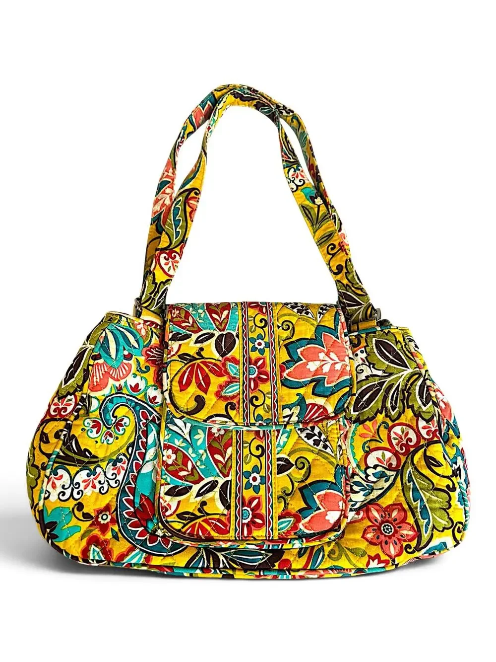 Vera Bradley Yellow Provincial Quilted Shoulder Bag Purse Floral Multi Pocket